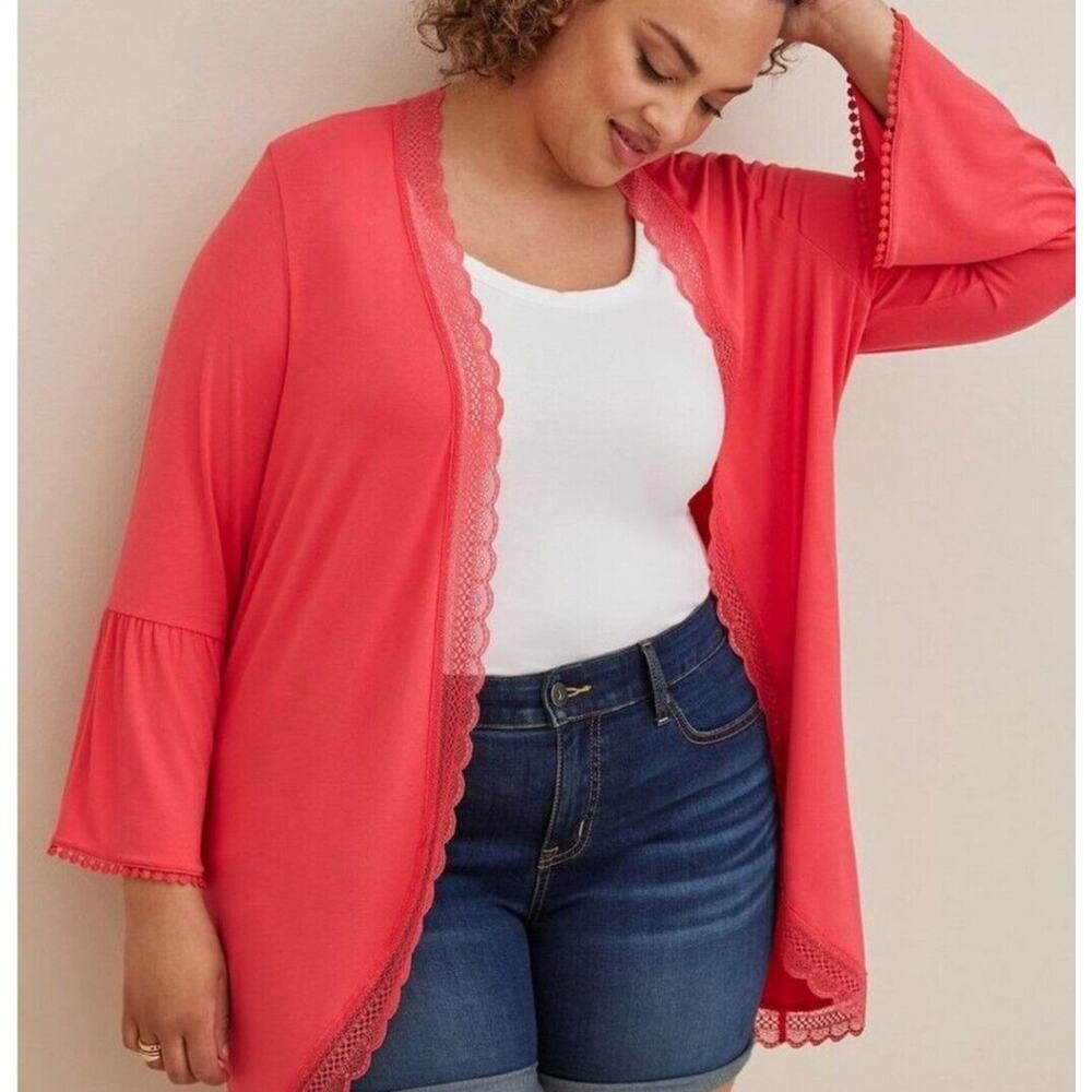Torrid Super Soft Knit Open Front Cardigan Size 2X Tea Berry Pink Lace Trim NWT